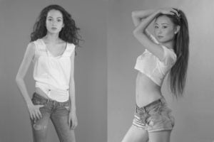 Two aspiring models showcasing natural beauty while wearing simple white tops and denim jeans in a bright studio session.